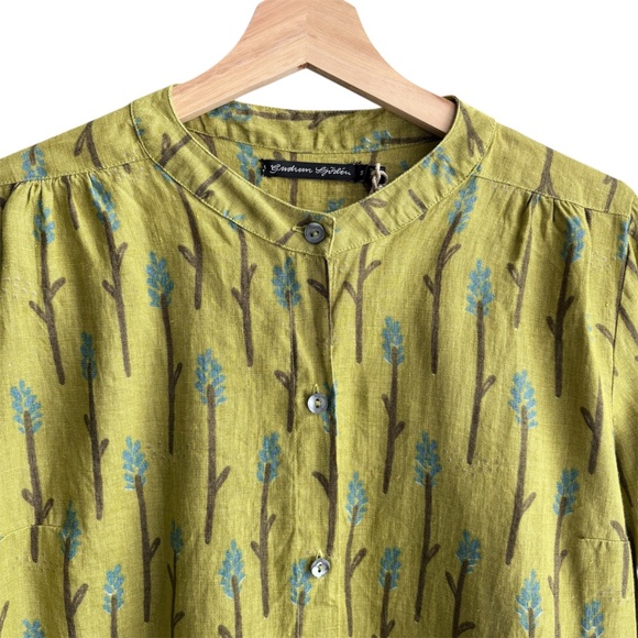Gudrun Sjoden Women’s Hemp Green Floral Button Up Blouse Shirt Size S Boho - Picture 2 of 7